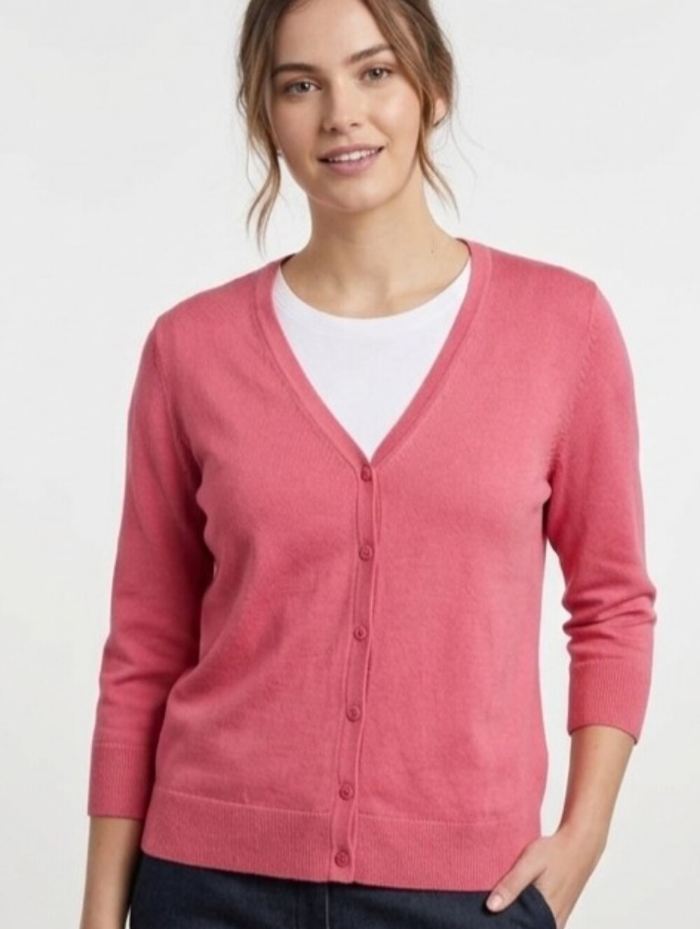Roz & Ali Coral Pink Button Front Cardigan Sweater L 3/4 Sleeve Knit Top